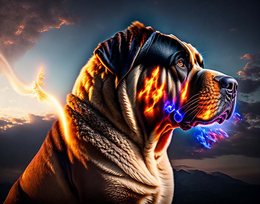 Digitally altered image of fiery-maned dog against dramatic sky.