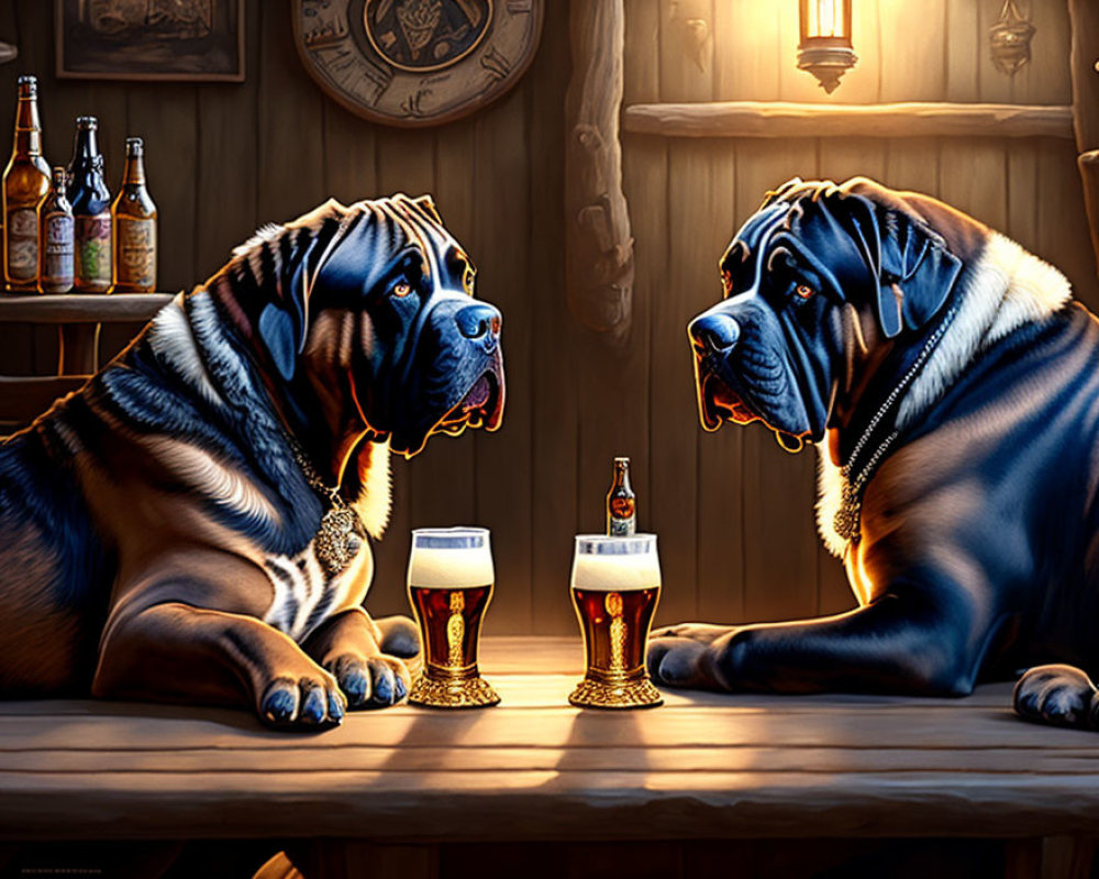 Animated dogs enjoying pints at cozy bar