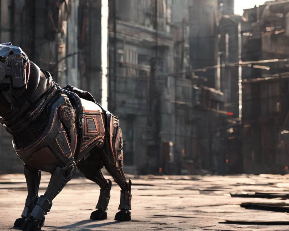 Armored robotic quadruped in post-apocalyptic street