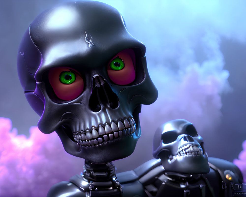 Two robotic skulls with green glowing eyes on a purple and blue misty background