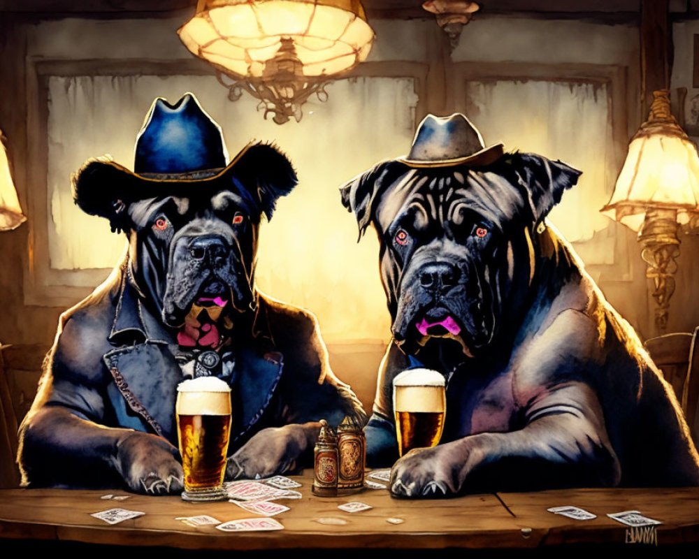 Cartoon Dogs in Cowboy Hats Playing Poker in Wild West Setting