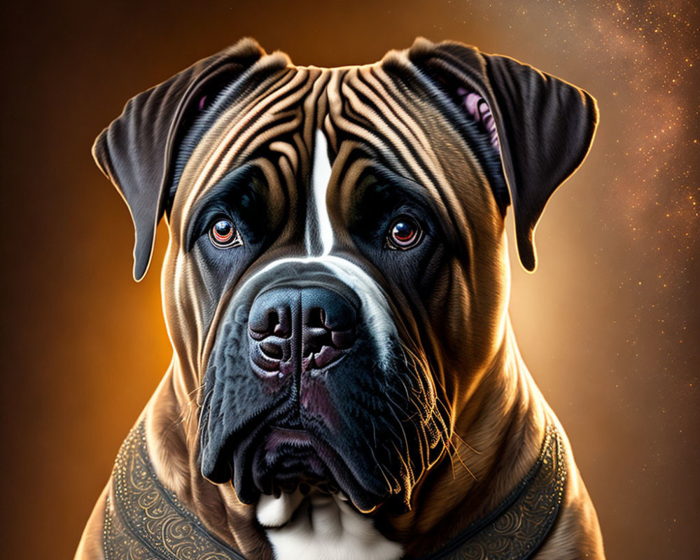 Muscular Bullmastiff with Soulful Gaze in Ornate Collar