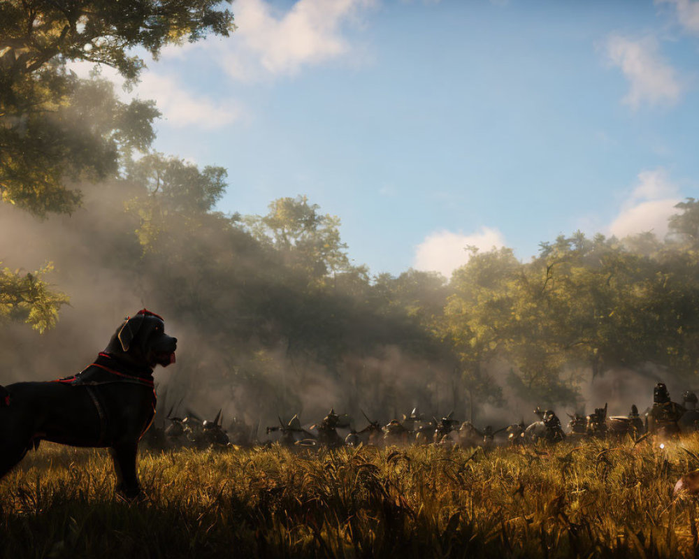 Silhouetted soldiers march in misty forest with dog in foreground