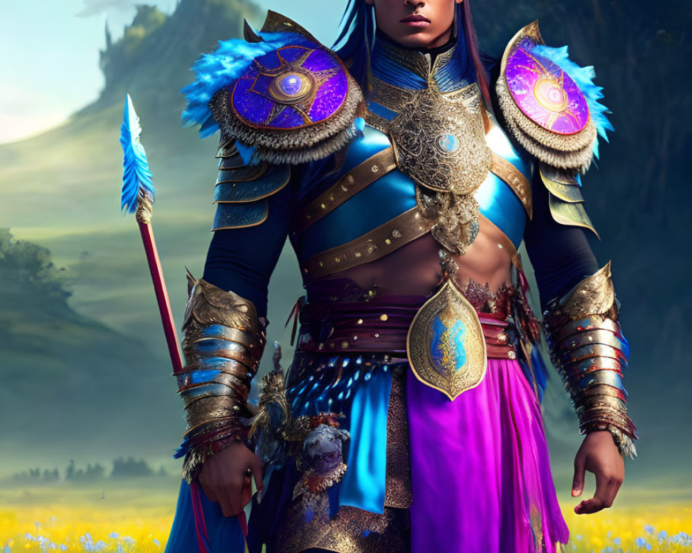 Regal warrior in blue and gold armor with jeweled crown and mystical spear