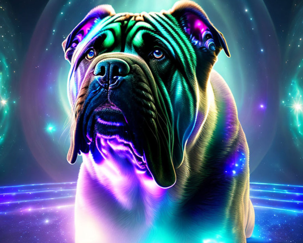 Digital Stylized Dog Image with Neon Contours on Cosmic Background