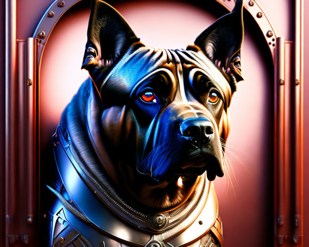 Robotic dog digital artwork with metallic body and red eyes