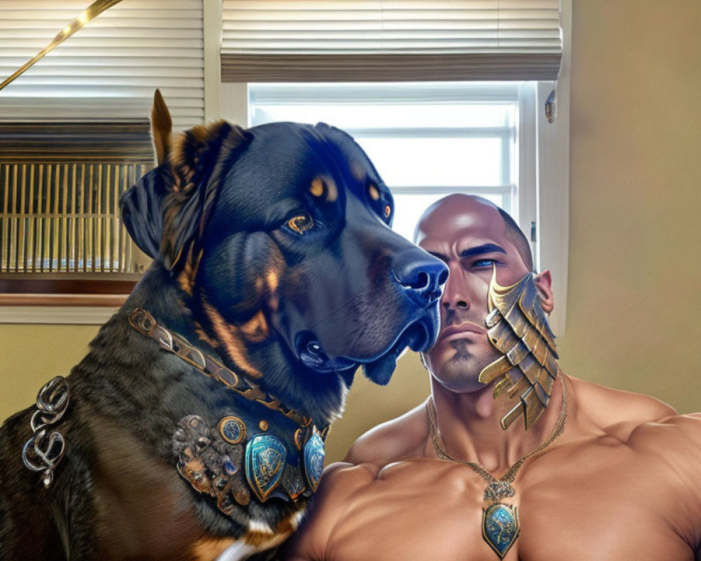 Muscular man and large dog in matching fantasy armor gaze sideways