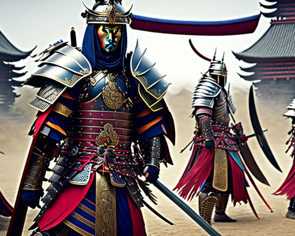 Detailed Artwork: Samurai in Traditional Armor with Katana in Historical Japanese Setting