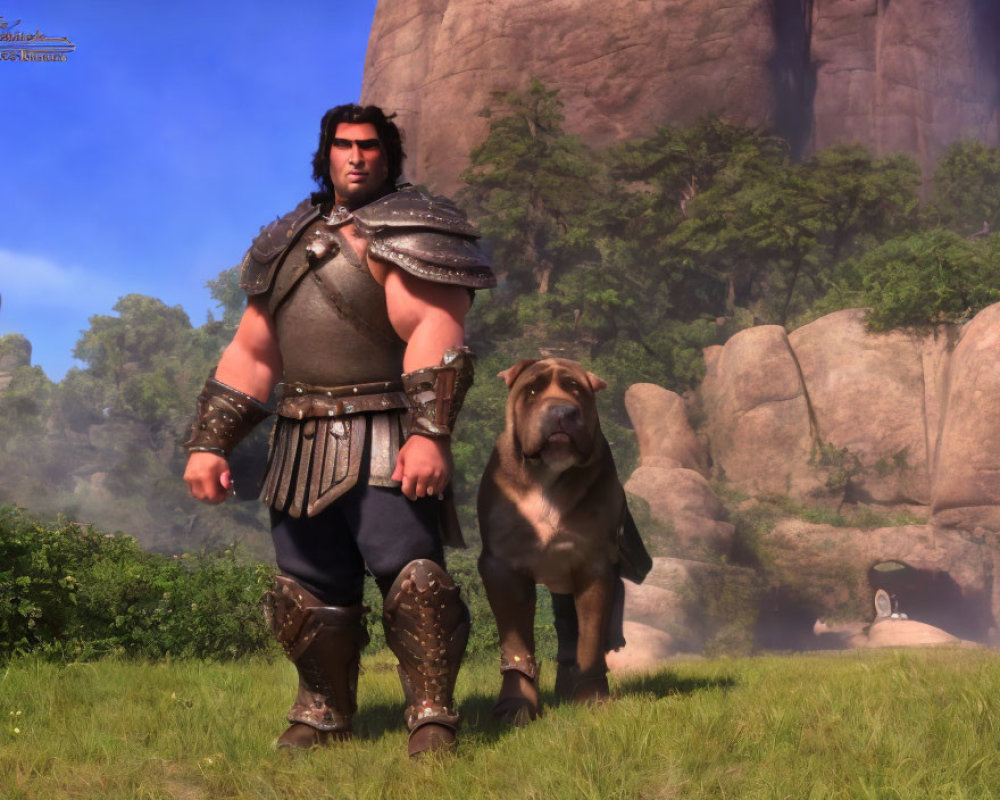 Muscular warrior with long black hair and mastiff in serene landscape