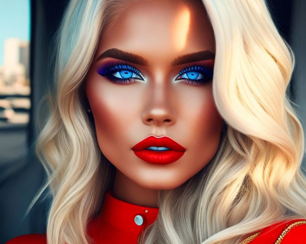 Portrait of a woman with blue eyes, bold makeup, red lips, and blonde hair