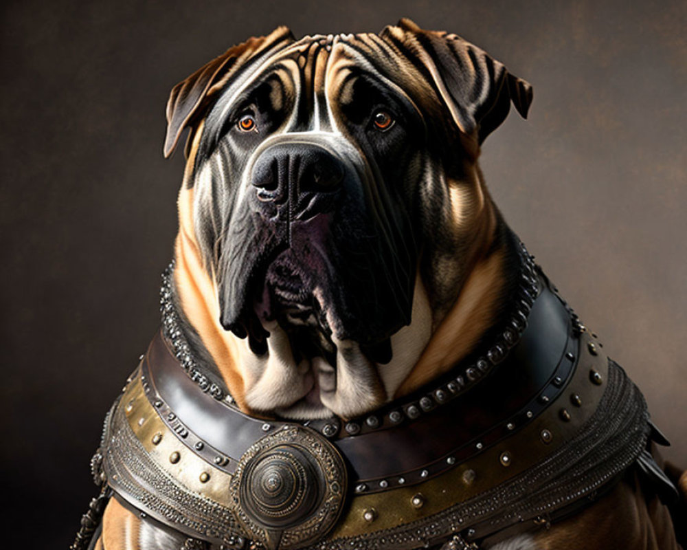 Regal Mastiff Dog in Ancient Armor Poses Nobly