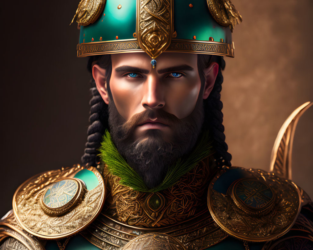 Regal figure with blue eyes in ornate turquoise and gold helmet