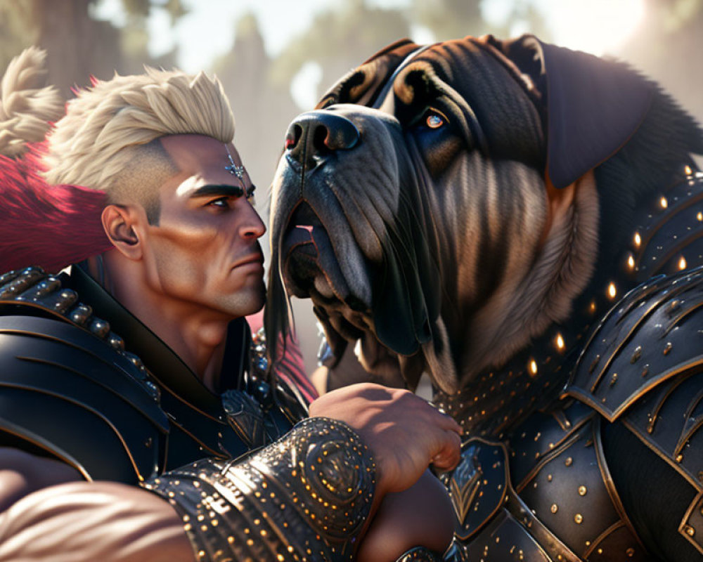 Digital Artwork: Stern Warrior with Mohawk and Mastiff in Armor