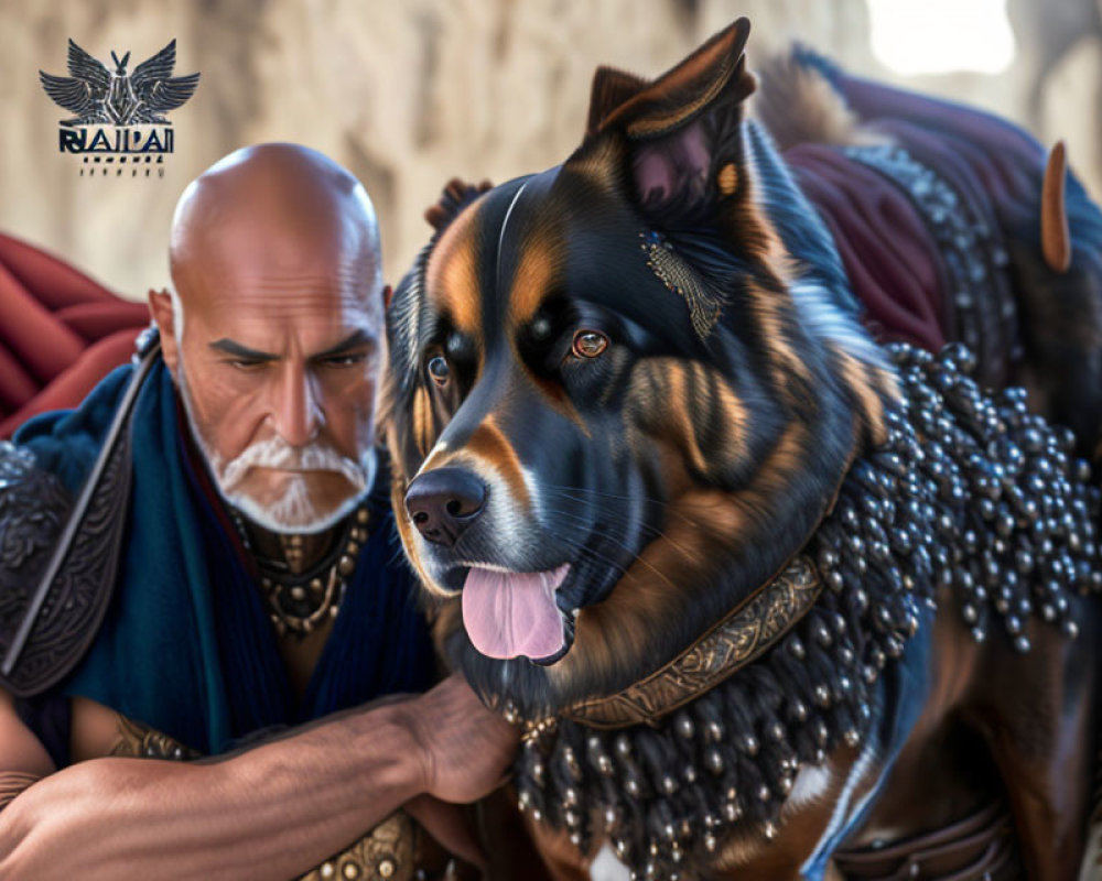 Detailed Bald Warrior in Armor Petting Realistic Dog