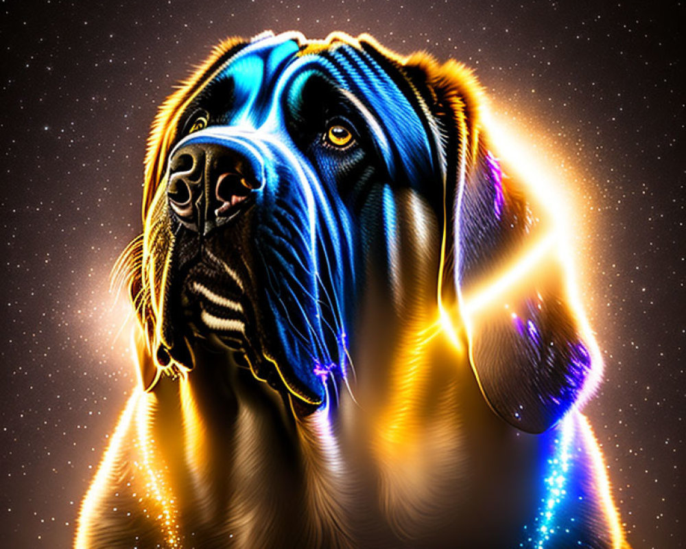 Labrador digital art with cosmic background and neon outlines