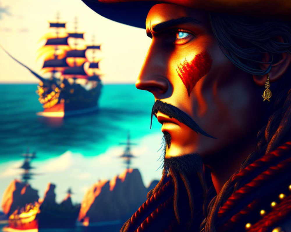 Detailed Pirate Captain Illustration with Golden Hat and Painted Eye