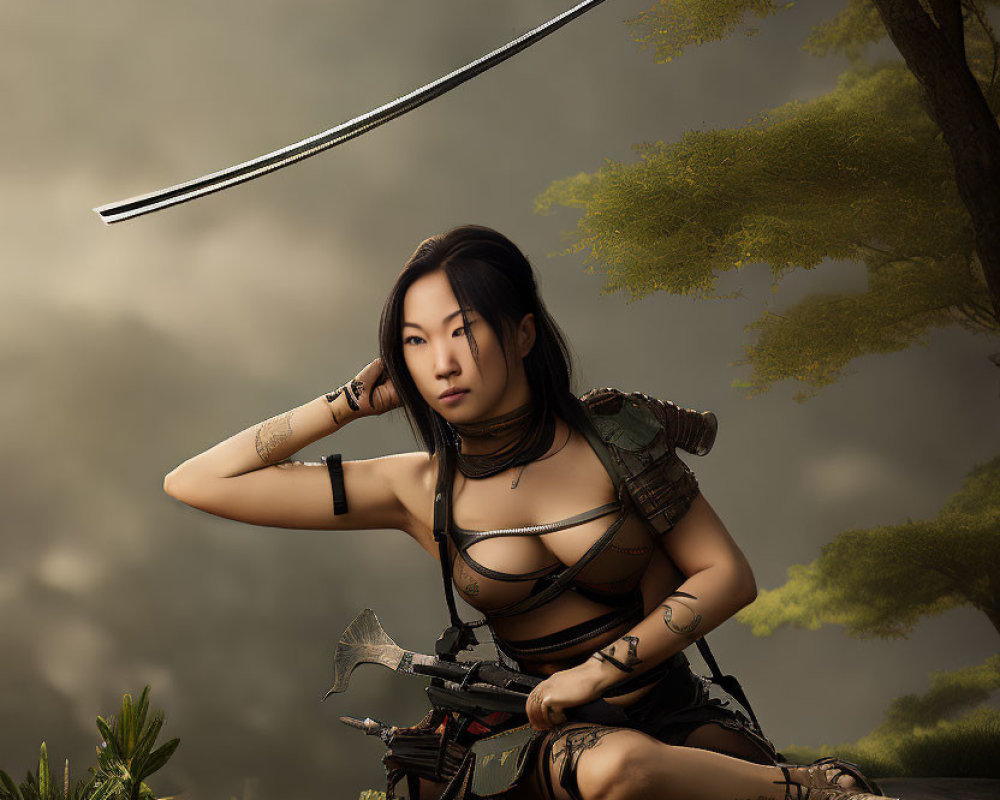 Warrior woman with katana in dramatic setting against lush greenery