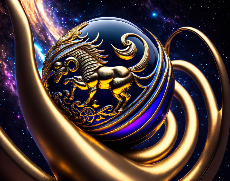 Black spherical object with golden winged lion design on cosmic starry background