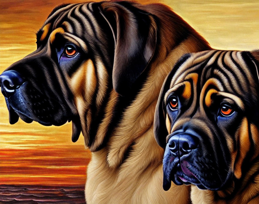 Intense mastiff dogs with wrinkled faces in sunset backdrop