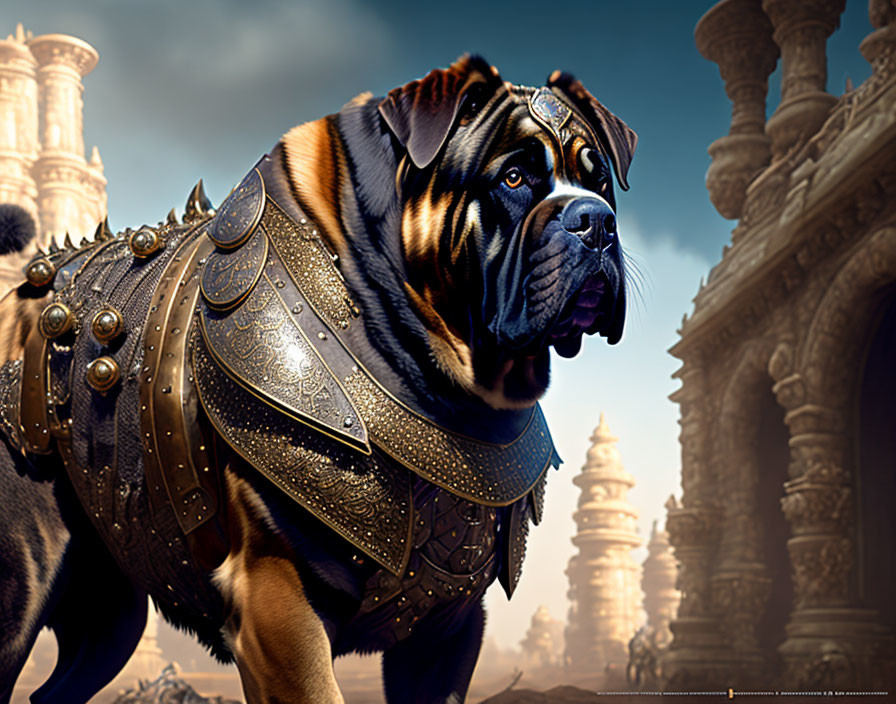 Large Mastiff-Like Dog in Ancient Warrior Armor Amid Desert Temples