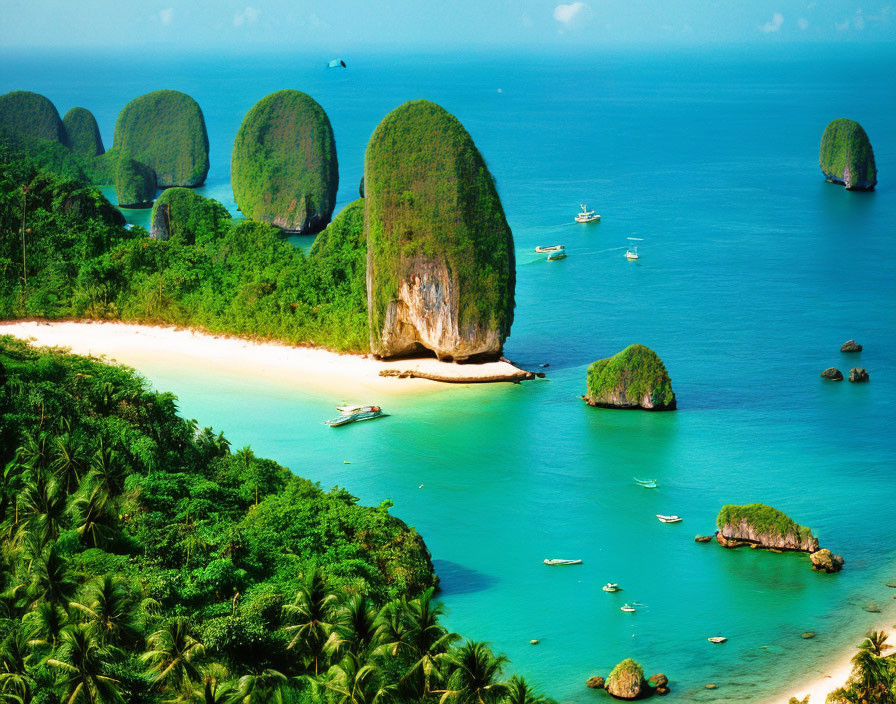 Tropical Beach with Karst Limestone Formations and Boats