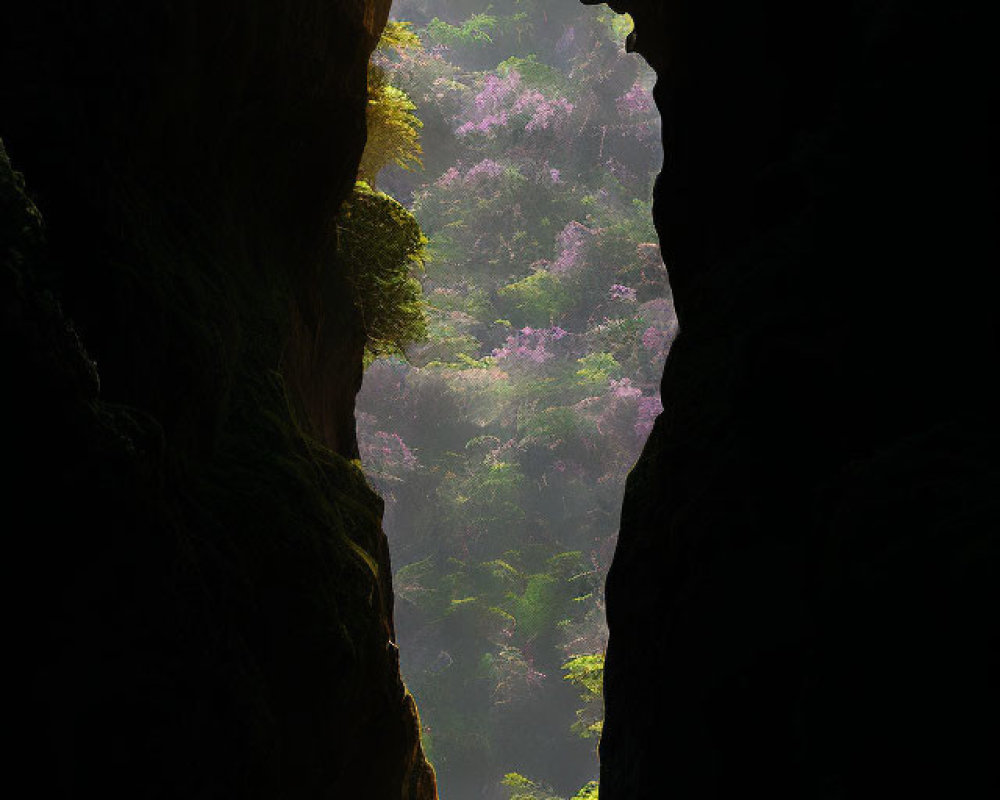 Sunlit Cave Opening with Lush Green Foliage and Flowering Trees