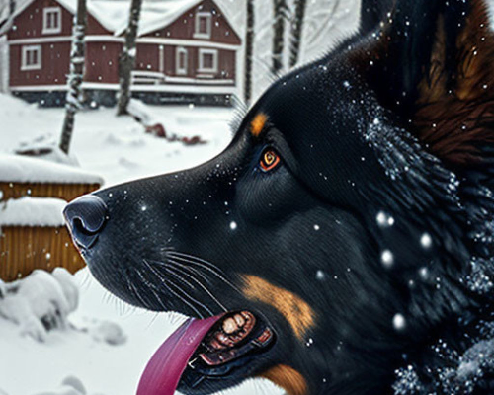 German Shepherd with protruding tongue in snowy landscape with red houses and snowflakes.