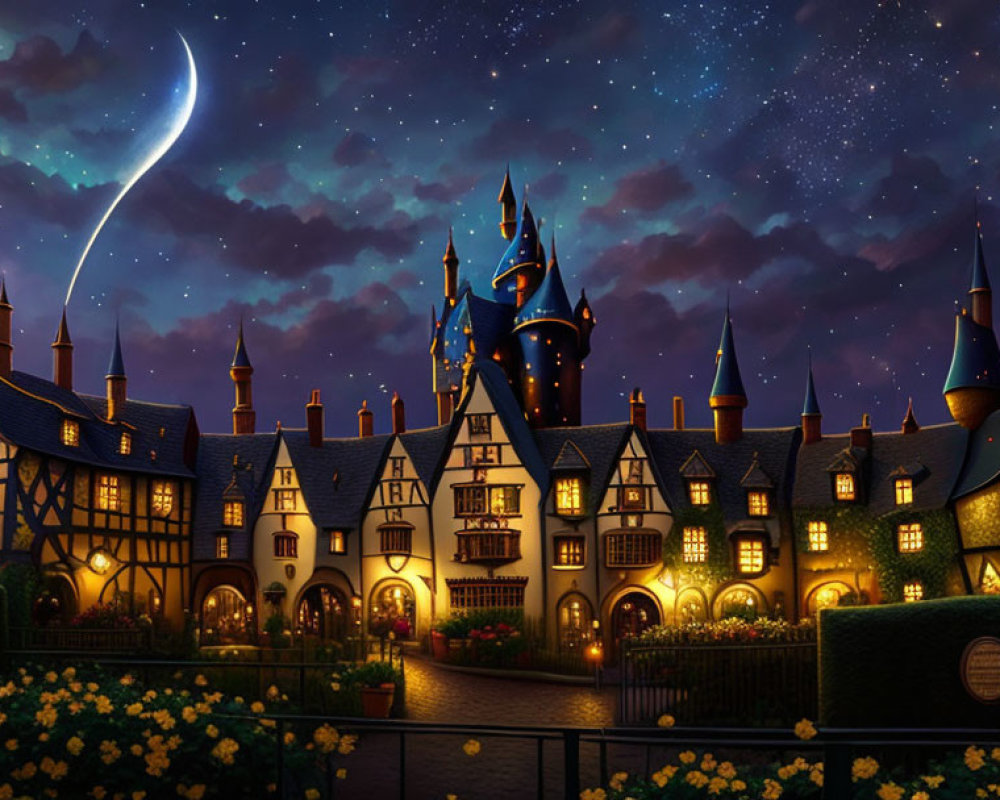 Enchanting Tudor-style castle and houses in magical nighttime scene