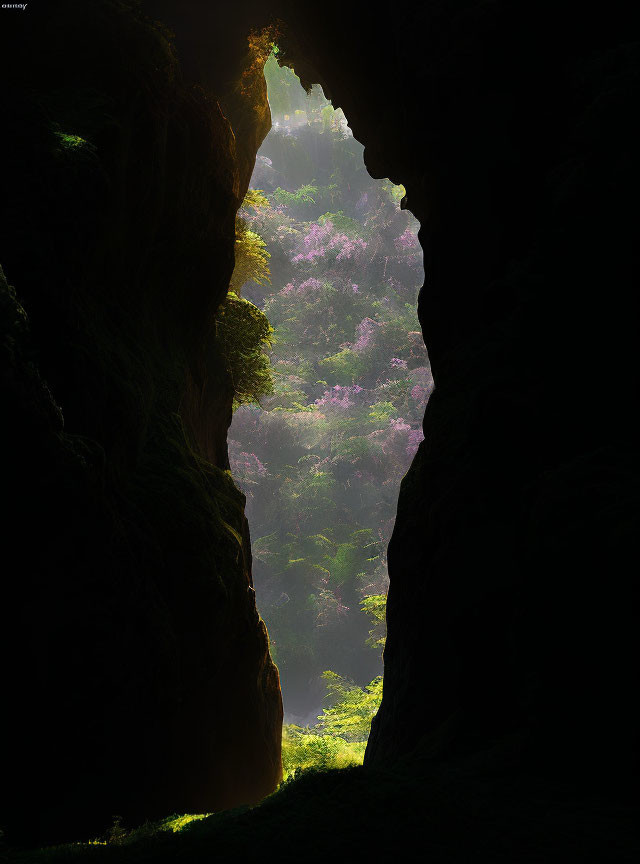 Sunlit Cave Opening with Lush Green Foliage and Flowering Trees