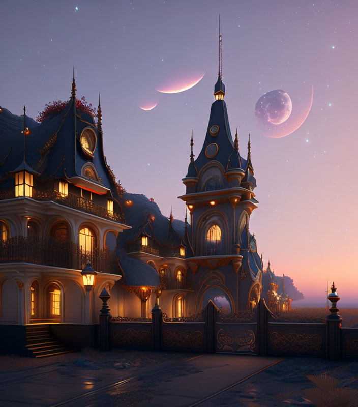 Fantastical castle with crescent moons and stars in purple twilight sky