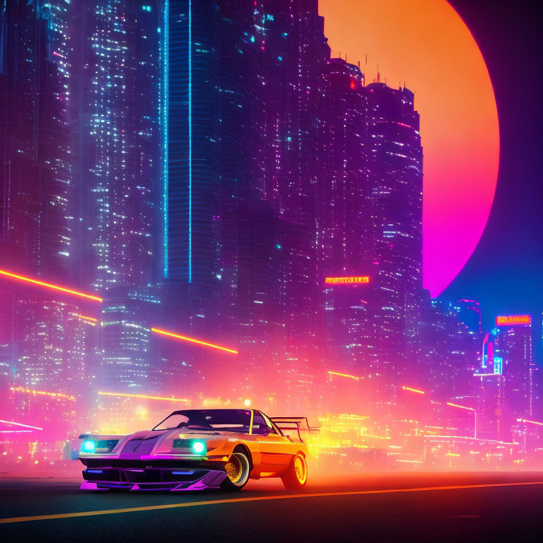 Neon-lit retro-futuristic cityscape with moon, sports car, and skyscrapers