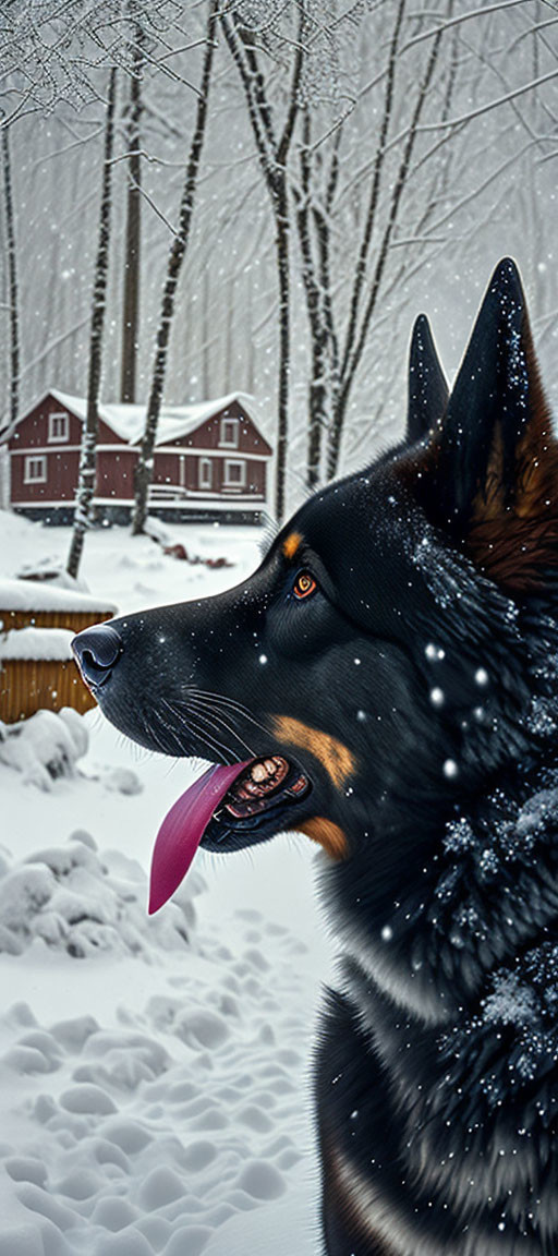 German Shepherd with protruding tongue in snowy landscape with red houses and snowflakes.