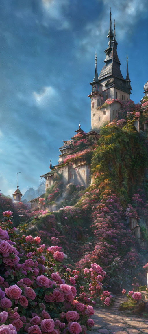 Lush hilltop fairytale castle with pink roses and quaint houses