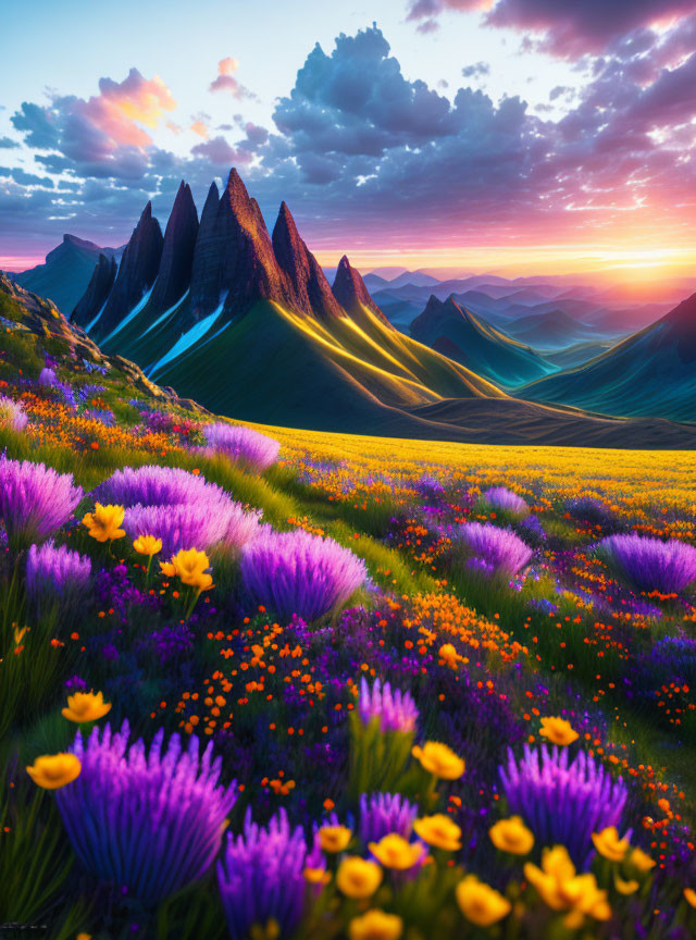 Colorful Sunset Sky Over Sharp Mountain Peaks & Wildflowers