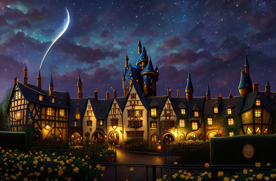 Enchanting Tudor-style castle and houses in magical nighttime scene