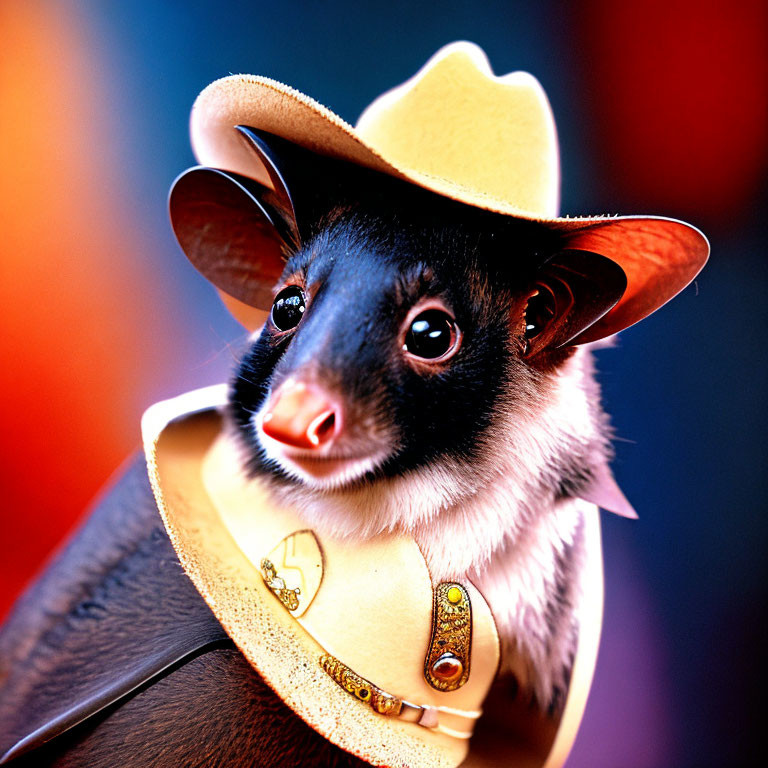 Stylized animal in cowboy hat and sheriff's badge on colorful background