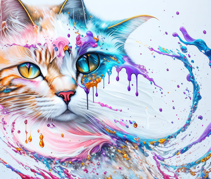 Colorful Abstract Cat Artwork with Paint Splashes and Swirls