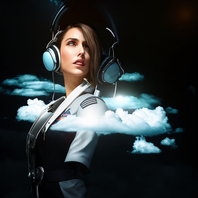 Female pilot in uniform with headphones over night sky with clouds