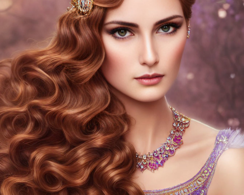 Portrait of a Woman with Wavy Hair, Crown, and Necklace on Purple Background