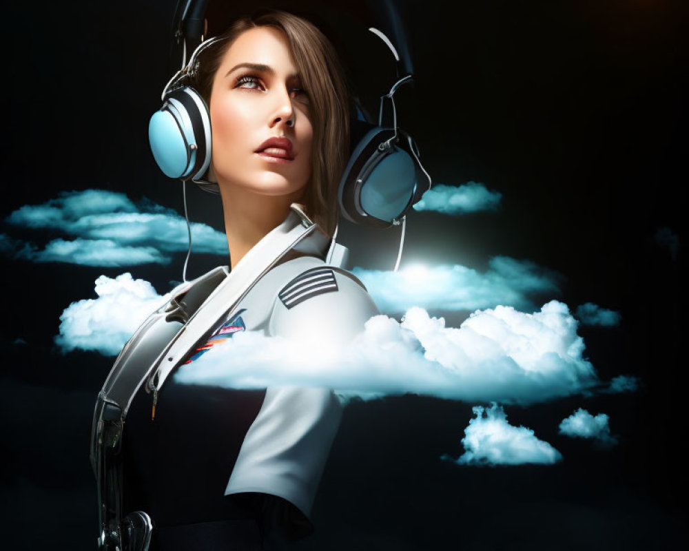 Female pilot in uniform with headphones over night sky with clouds