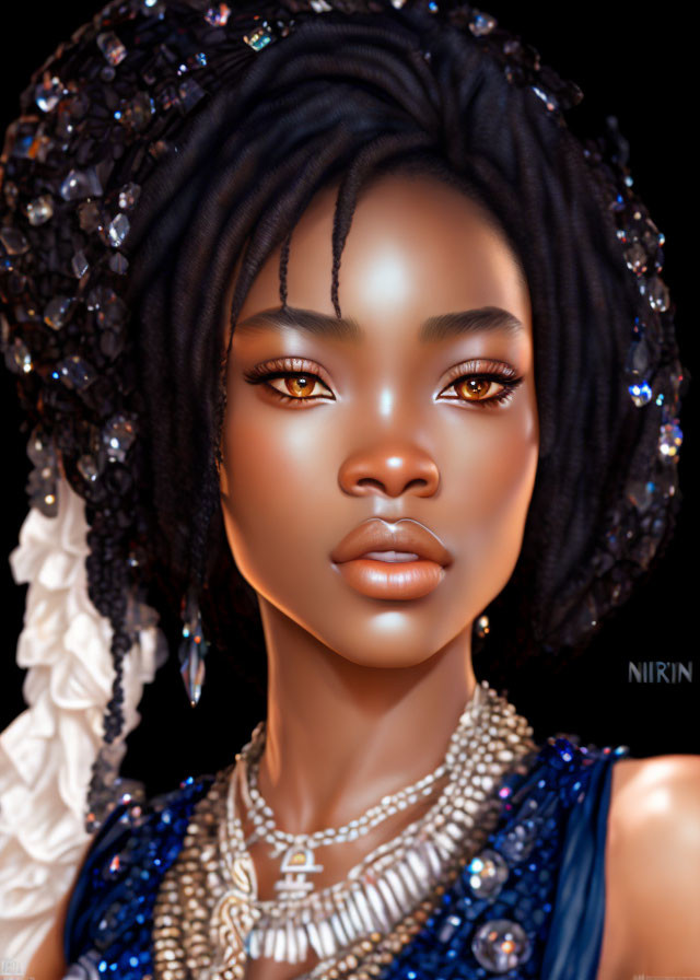 Detailed digital portrait of a woman with luminous skin and intricate jewelry, exuding regal essence