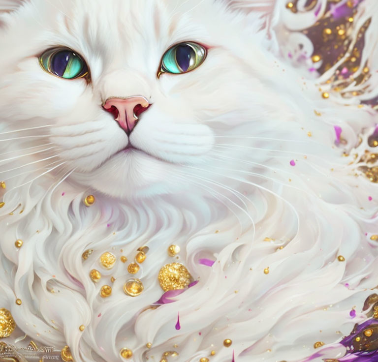 Fluffy White Cat Digital Illustration with Green Eyes and Gold/Pink Accents