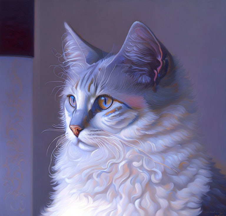 Fluffy White and Gray Cat with Blue Eyes on Purple Background