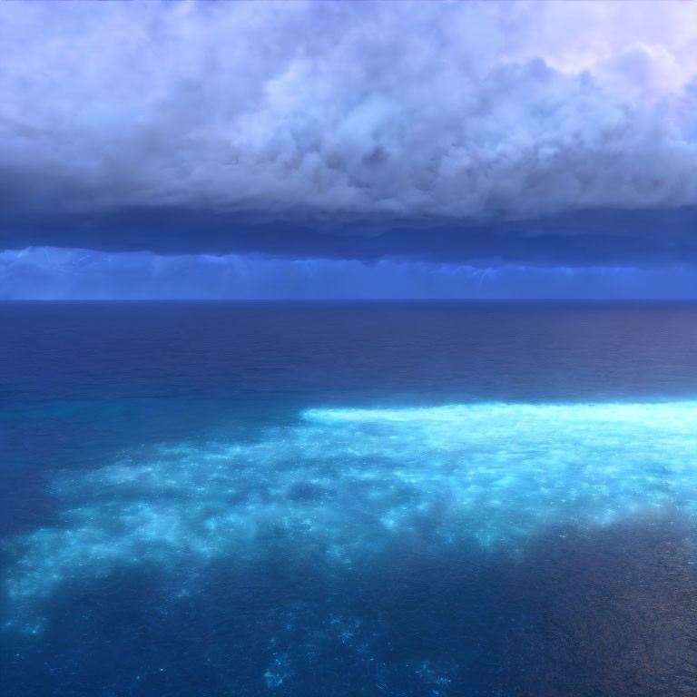 Bioluminescent marine scene under dramatic sky