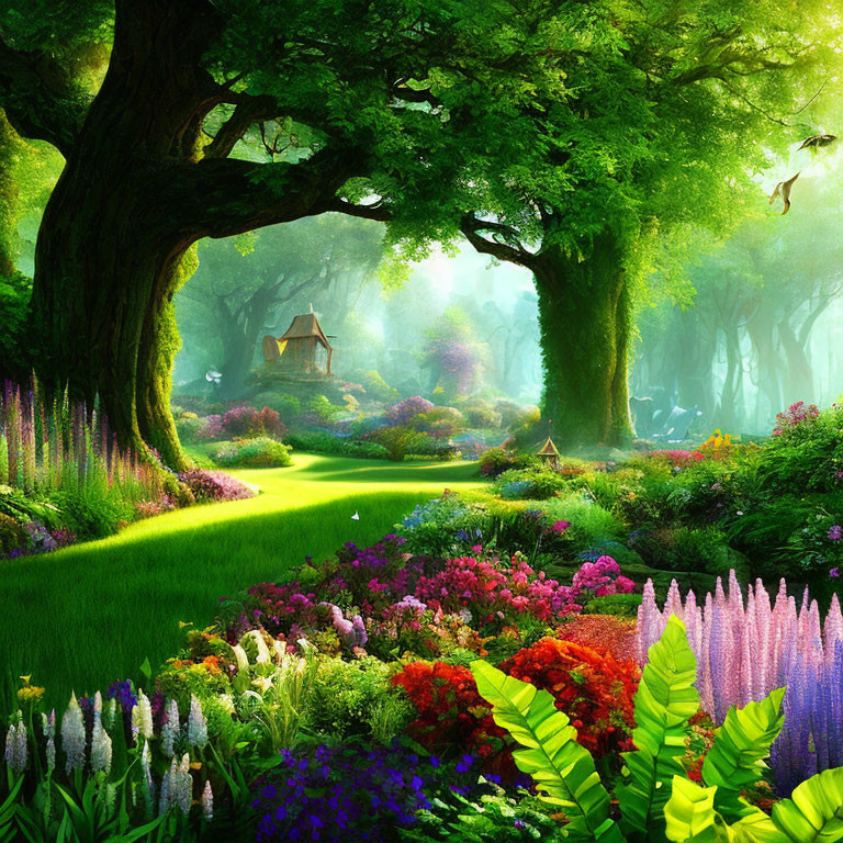 Lush Green Forest with Colorful Flowers and Misty Pathway