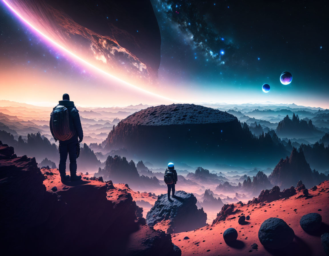 Alien planet landscape with astronauts and cosmic scenery