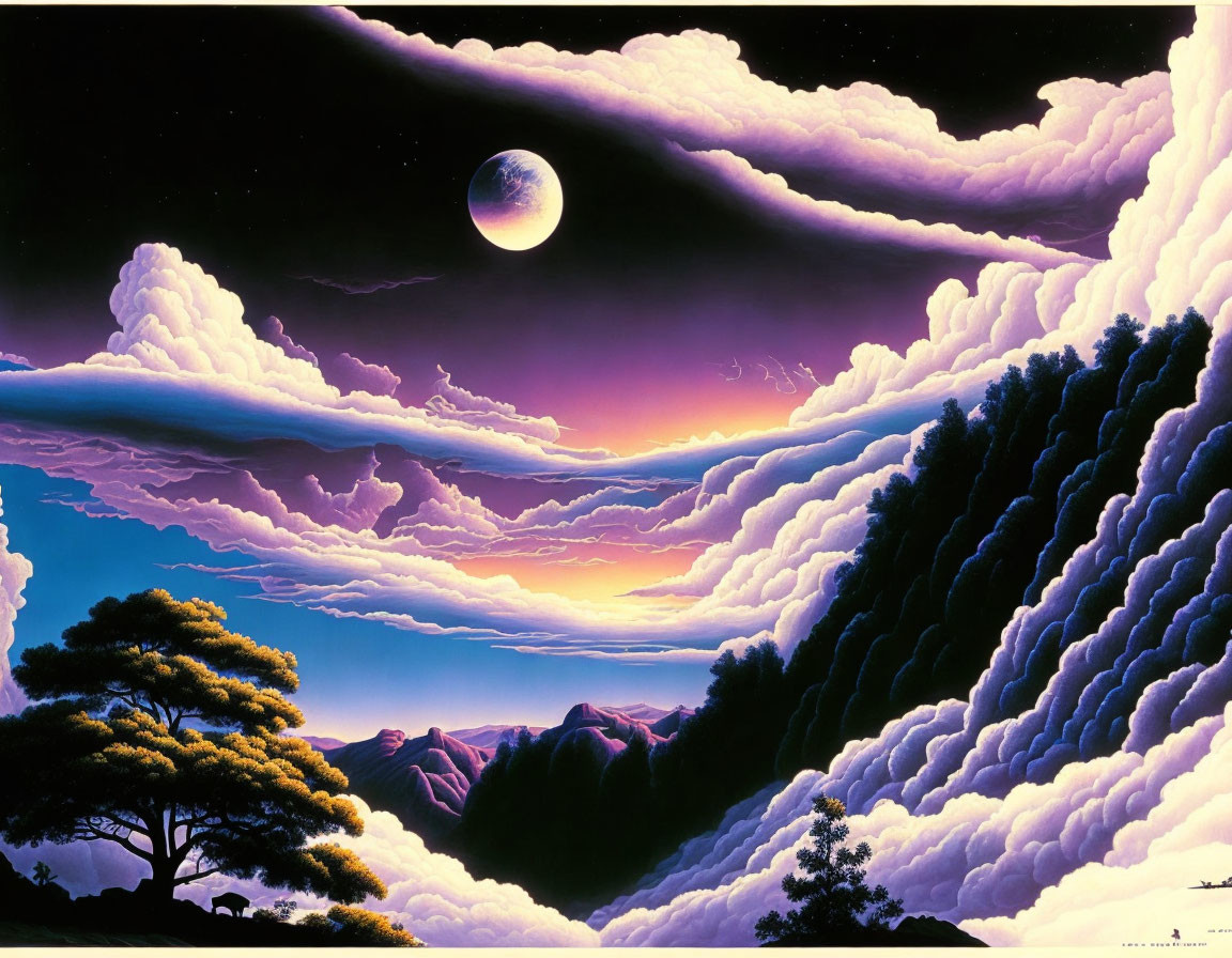 Vibrant surreal landscape: moon, colorful clouds, silhouetted trees.