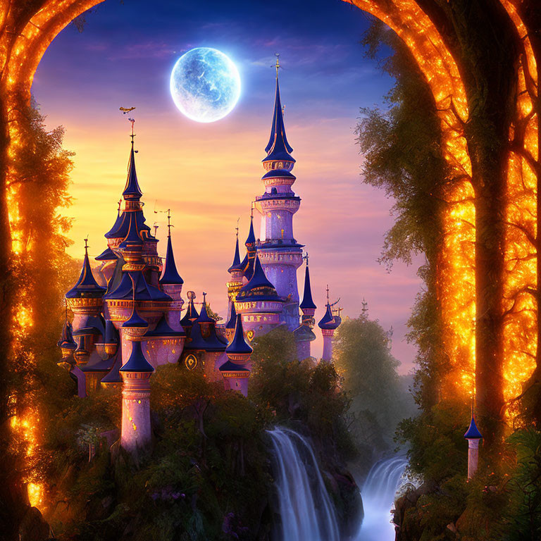 Enchanting fairy tale castle with spires and turrets under a full moon