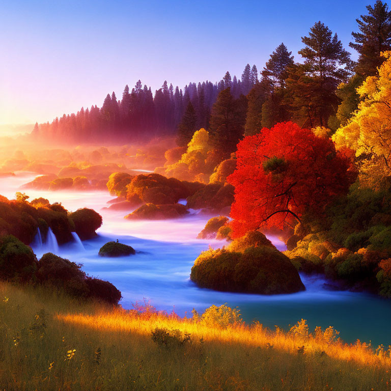 Scenic sunrise over misty river with autumn foliage and waterfalls