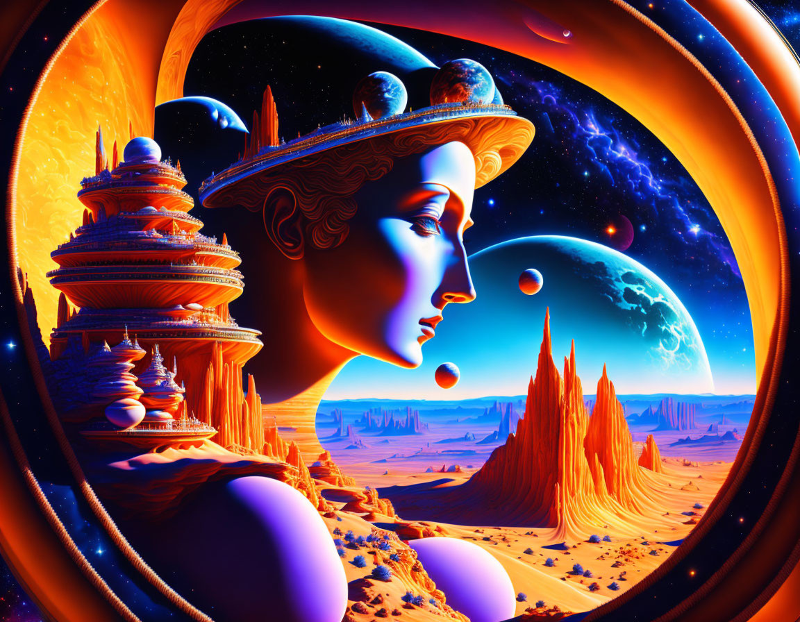 Surreal woman's profile with planetary headdress in cosmic landscape